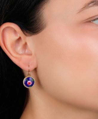 Round Blue Pink Flower Enamel Earrings
