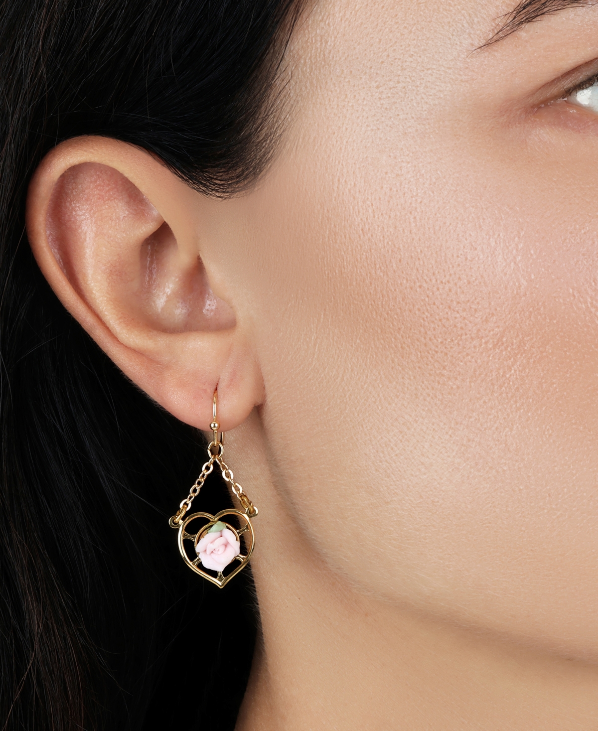 2028 Gold Tone Heart Porcelain Rose Earrings In Pink