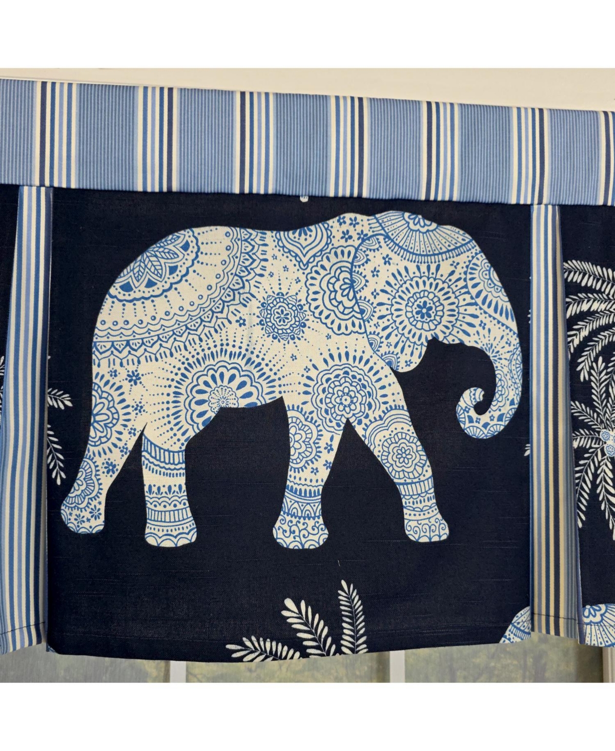 Rlf Home 100% Cotton White Elephant Pleated Unlined Windows Rod Pocket Valance 50" x 17" Blue