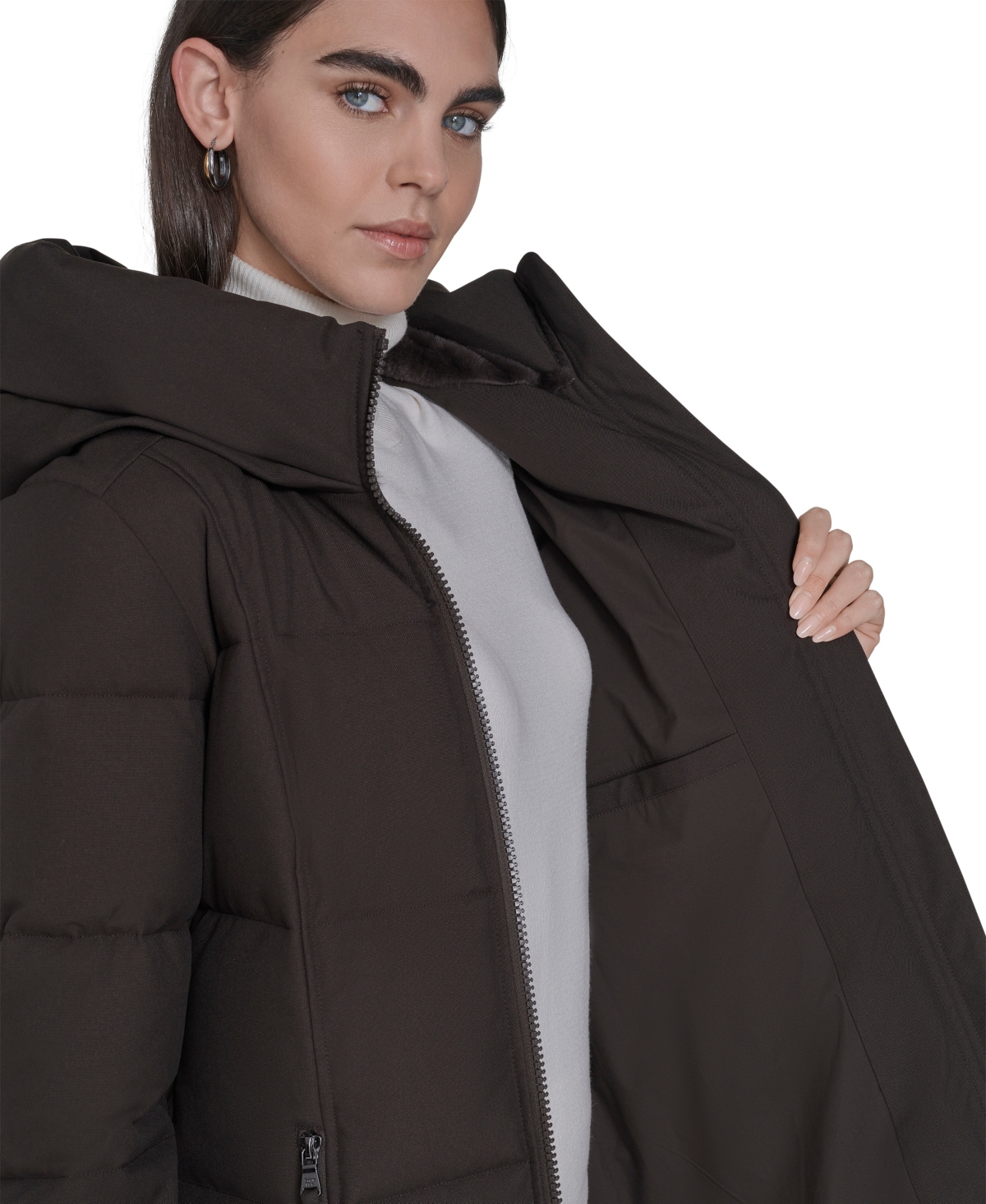 Calvin Klein Women's Stand Collar Hooded Puffer Coat In Brown