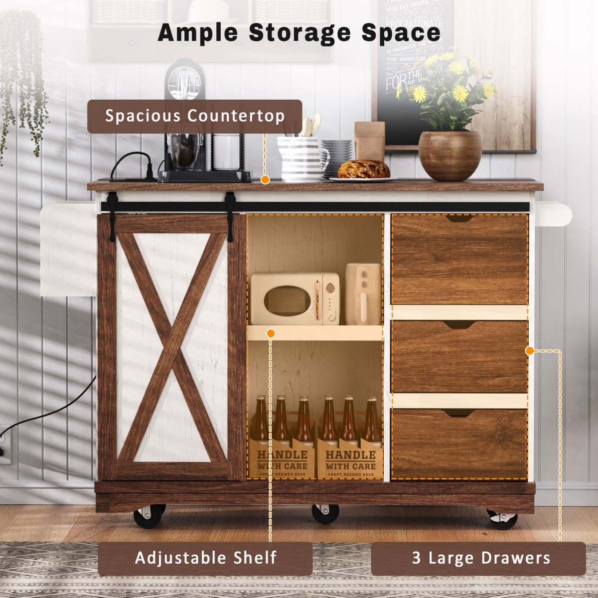 Casainc 55.5" Kitchen Storage Island With Drop Leaf, Barn Door, Power Outlet, Spice Rack (No Stools)