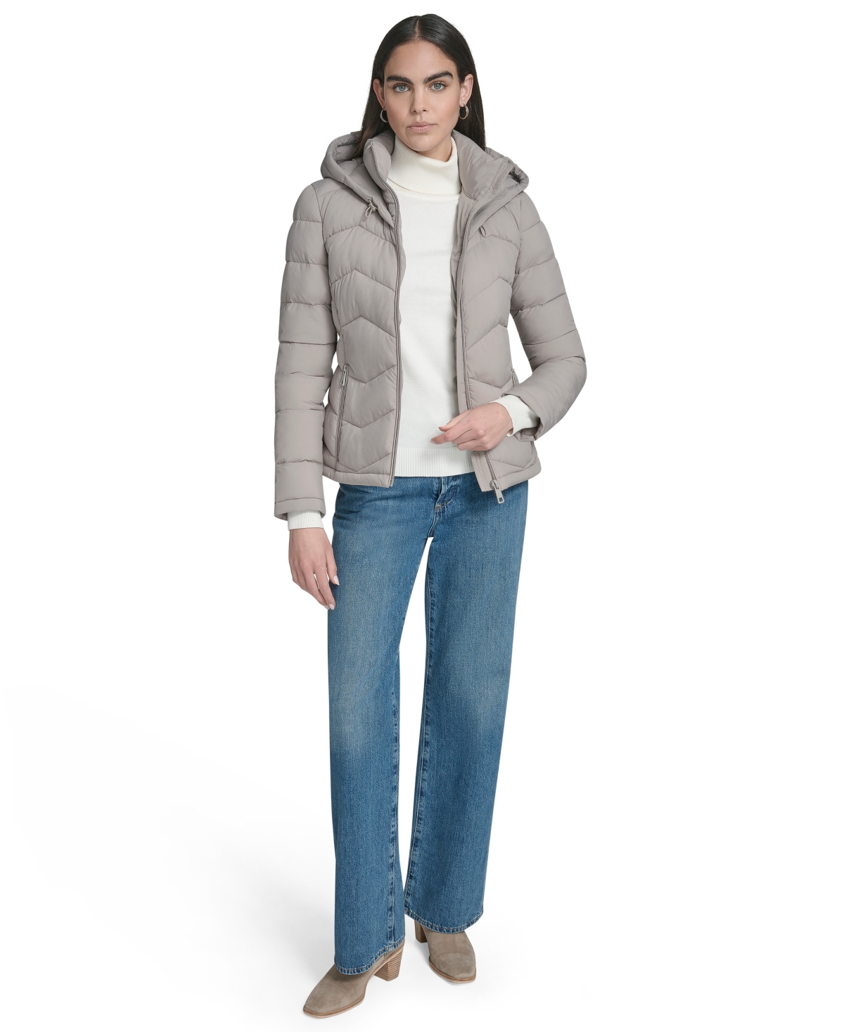 Calvin Klein Women's Short Zip-up Hooded Puffer Jacket In Gray