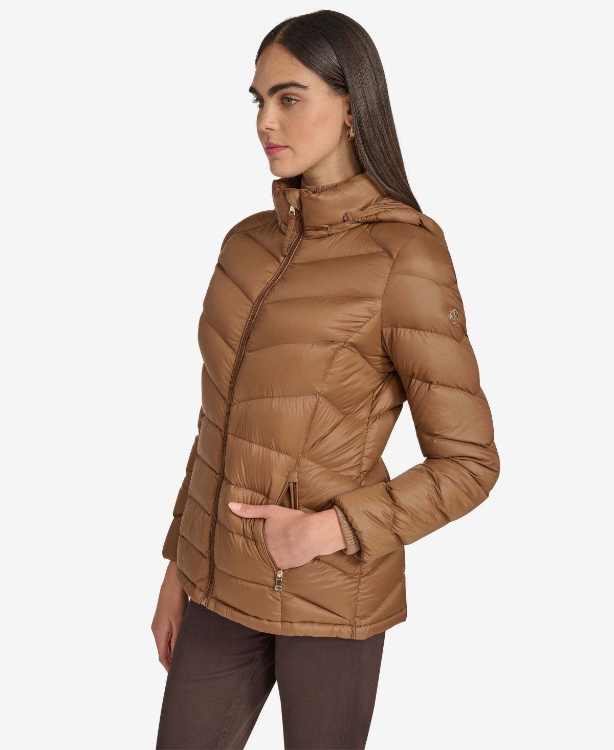 Calvin Klein Women's Short Faux Fur Collar Puffer Jacket In Brown