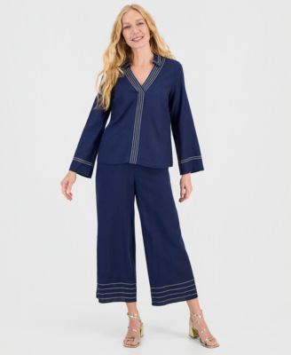 Women's Trapunto Stitch Collared Long-Sleeve Top, Macy's Exclusive