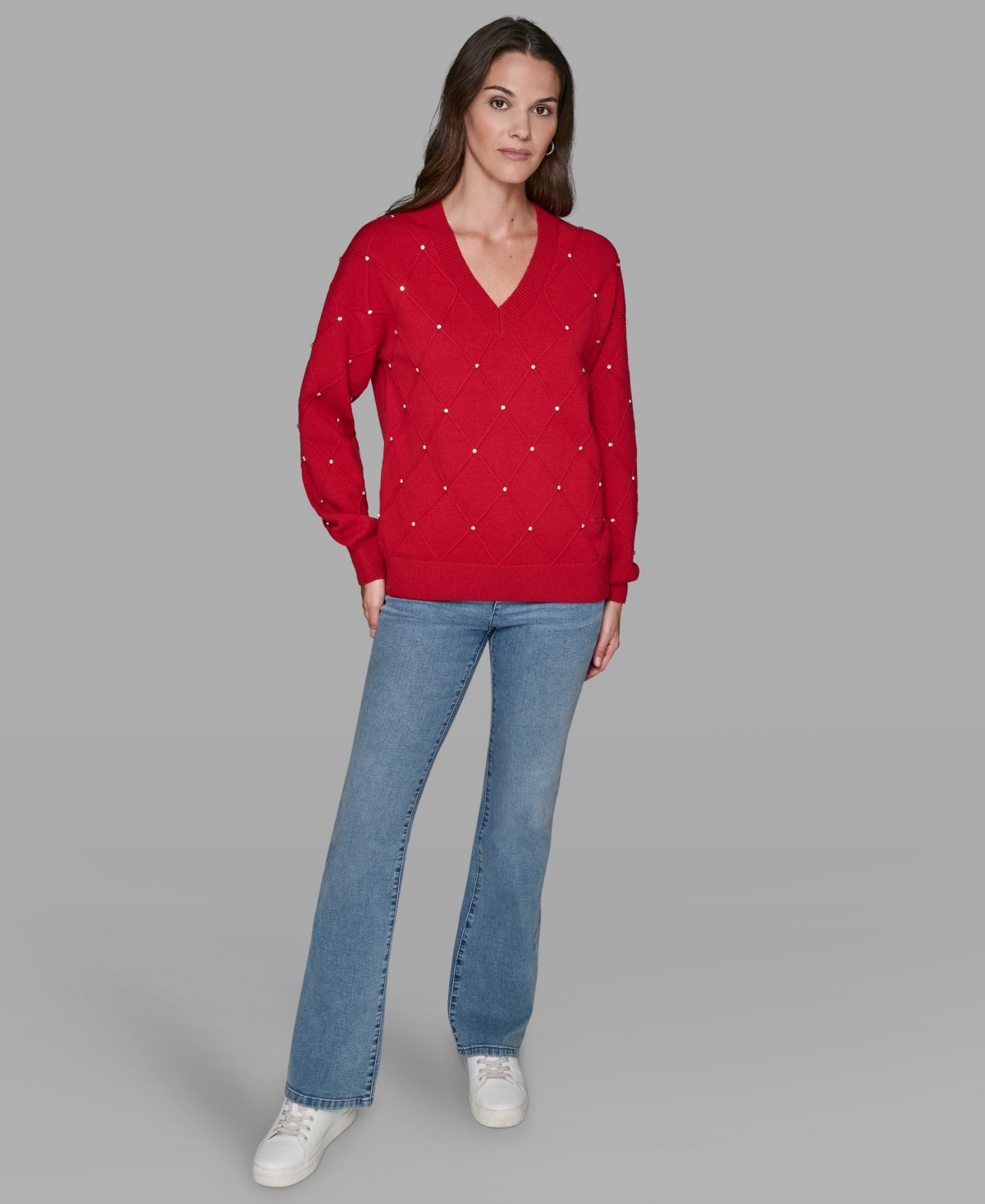 Karl Lagerfeld V-neck Diamond Pattern Sweater In Brown