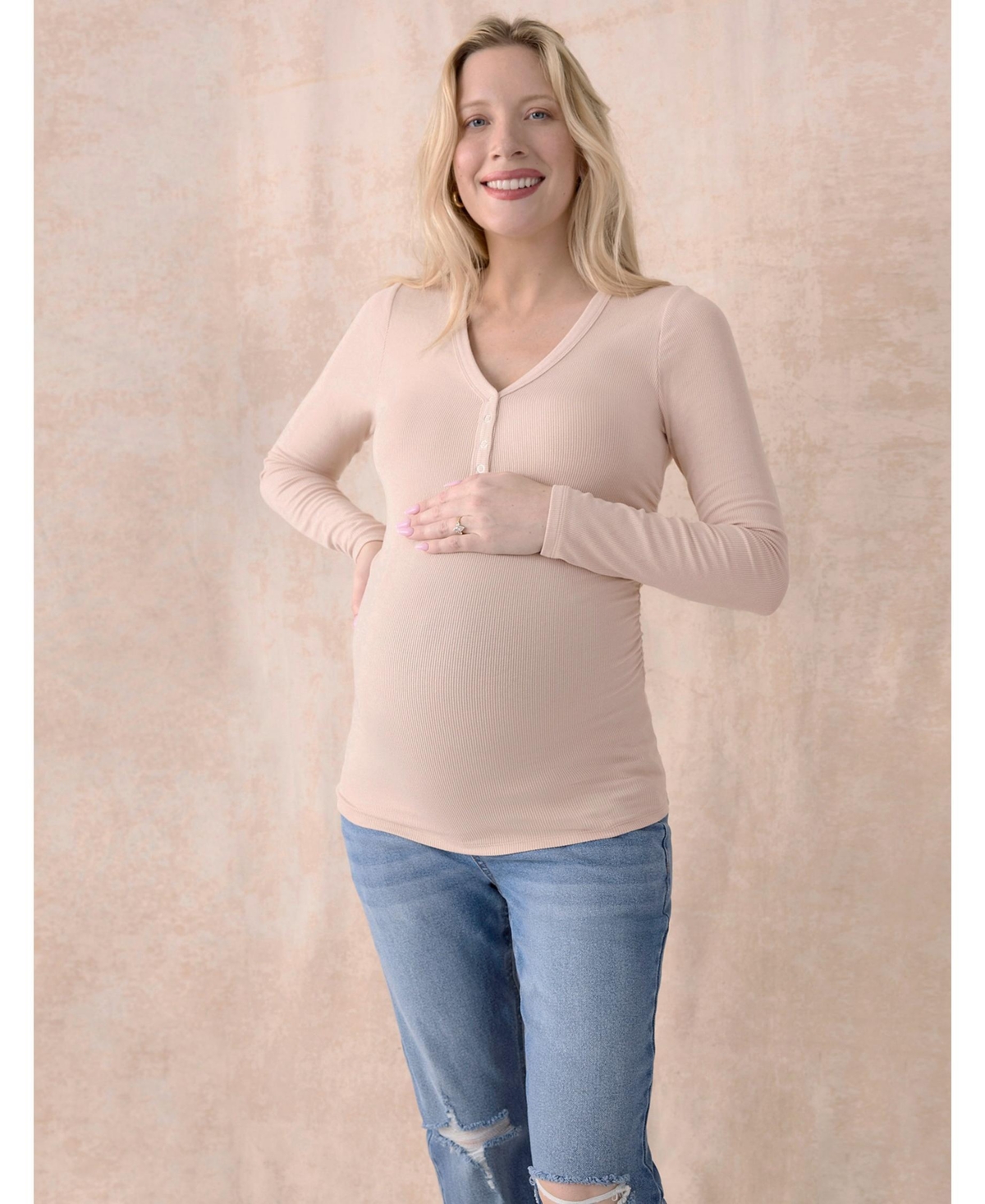 Motherhood Maternity V-Neck Side-Ruched Long Sleeve Henley Tee