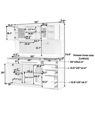 63"W Buffet Hutch with Coffee Bar Storage, 6 Drawers, 5 Cabinets, Pegboard & Power Outlet