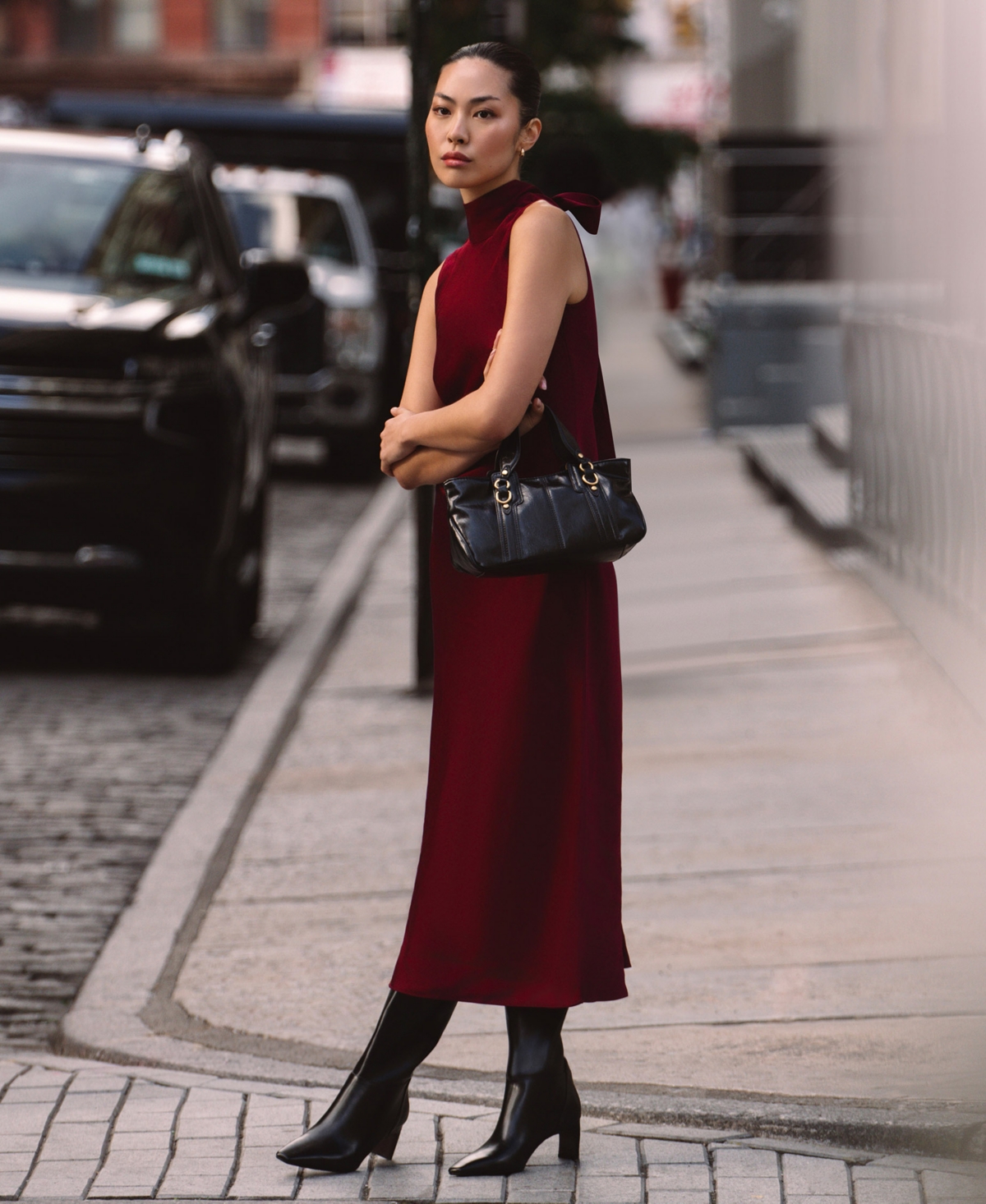 French Connection Women's Ennis Satin Sleeveless Bow Midi Dress