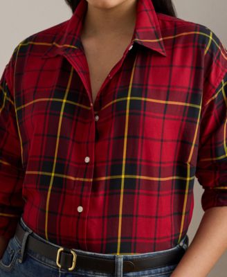 Plus Size Relaxed Fit Checked Plaid Cotton Shirt