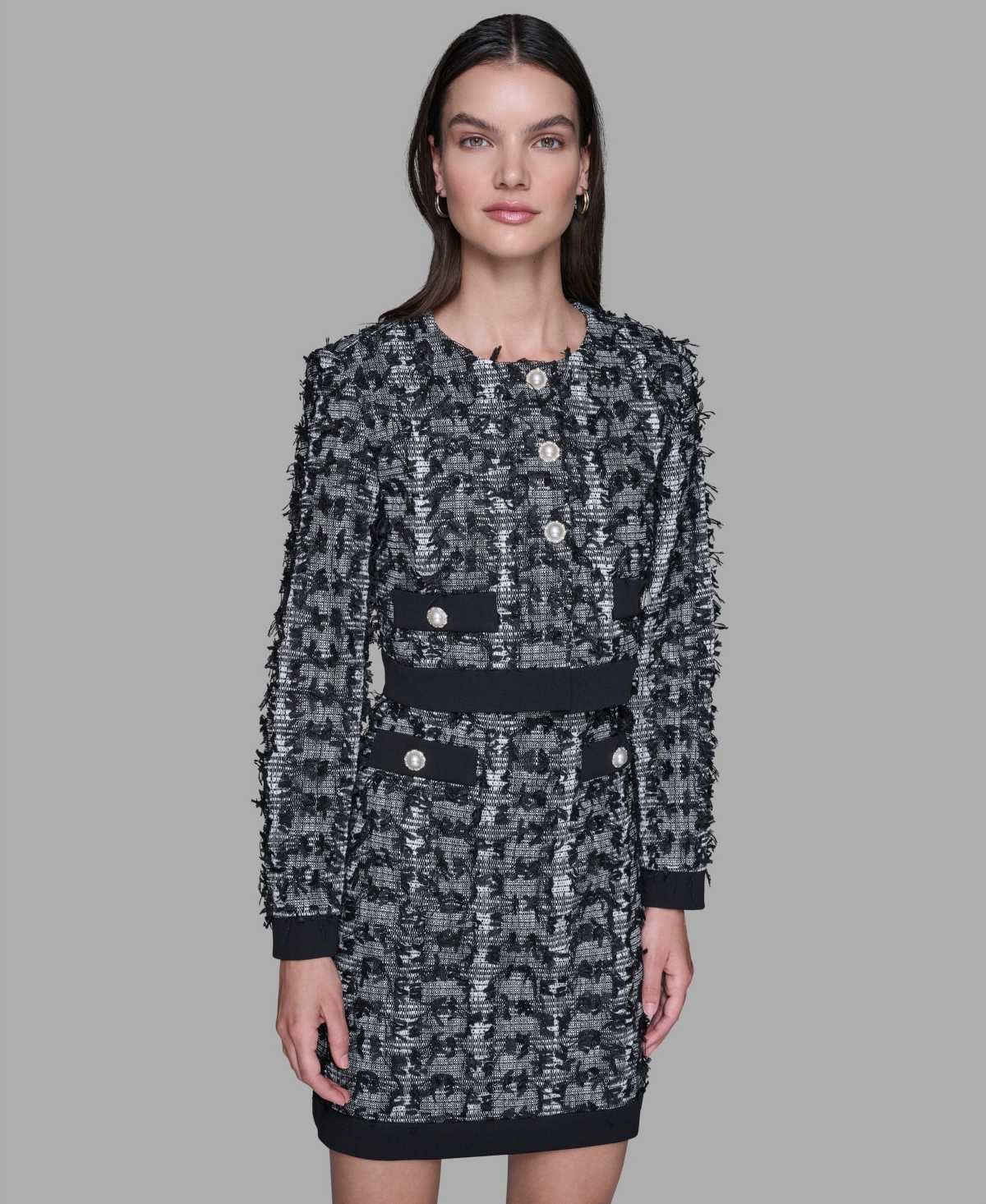 Karl Lagerfeld Women's Cropped Tweed Button Front With Jacket In Black