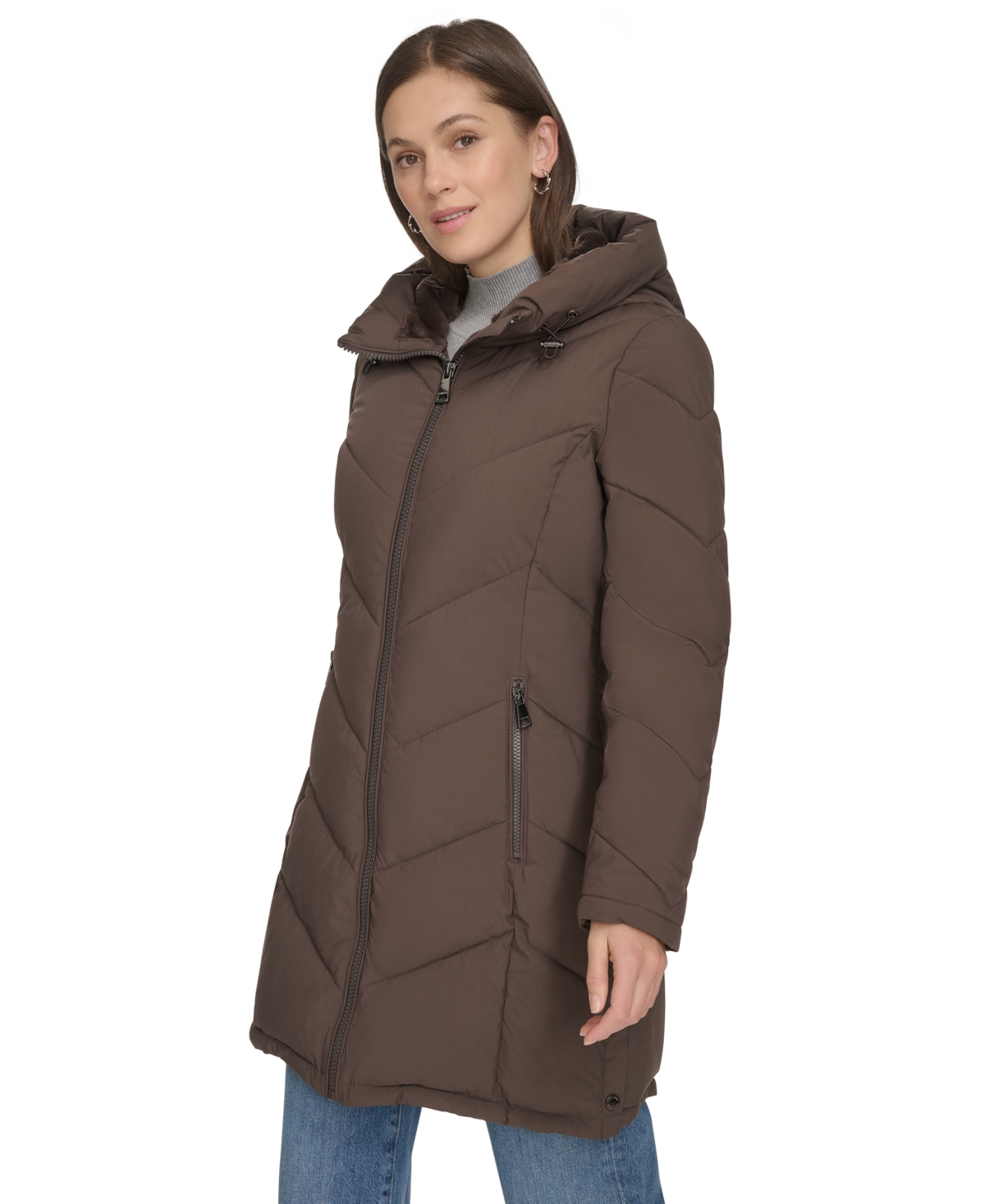 Calvin Klein Women's Lined Hooded Puffer Coat In Brown