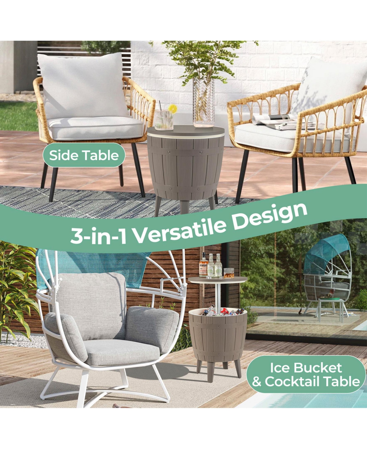 Sugift 10 Gallon Cooler Bar Table Outdoor Coffee Table Ice Bucket with Telescopic Tabletop for Beer and Wine-Brown