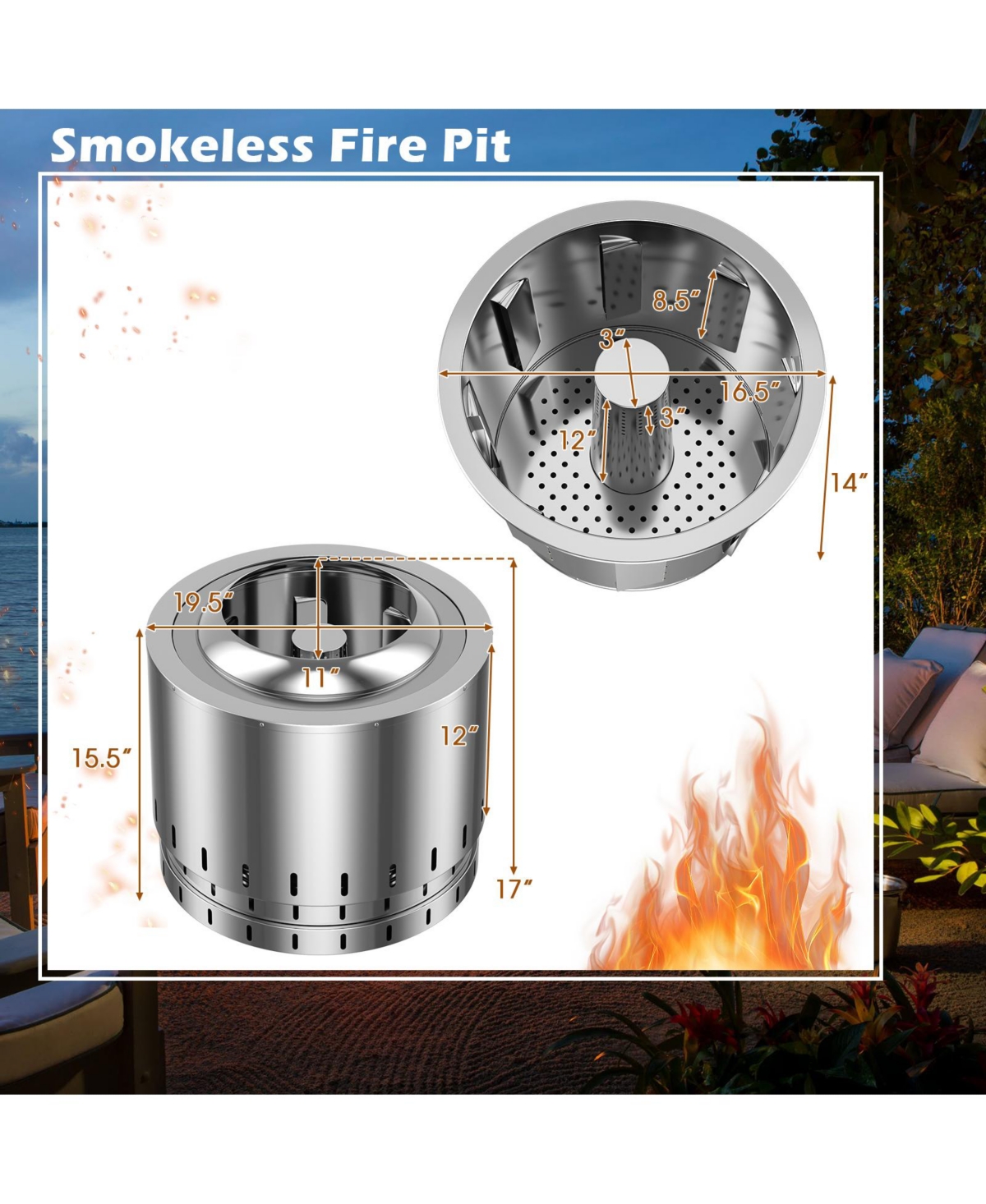 Mecale Smokeless Stainless Steel Fire Pit with Ash Pan For Yard Camping