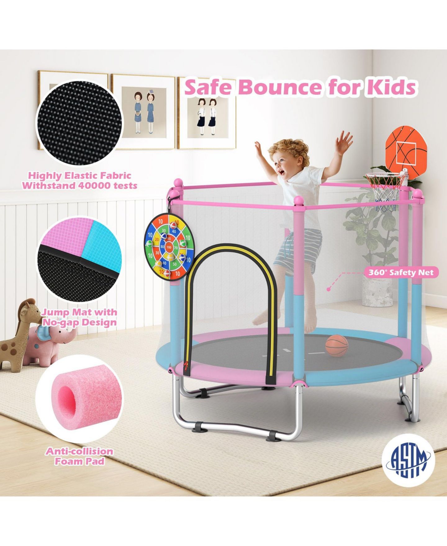 Детская игрушка Mecale 60-Inch 3-in-1 Kids Trampoline with Basketball Hoop, Ages 3-6, цвет: Розовый — фото 4