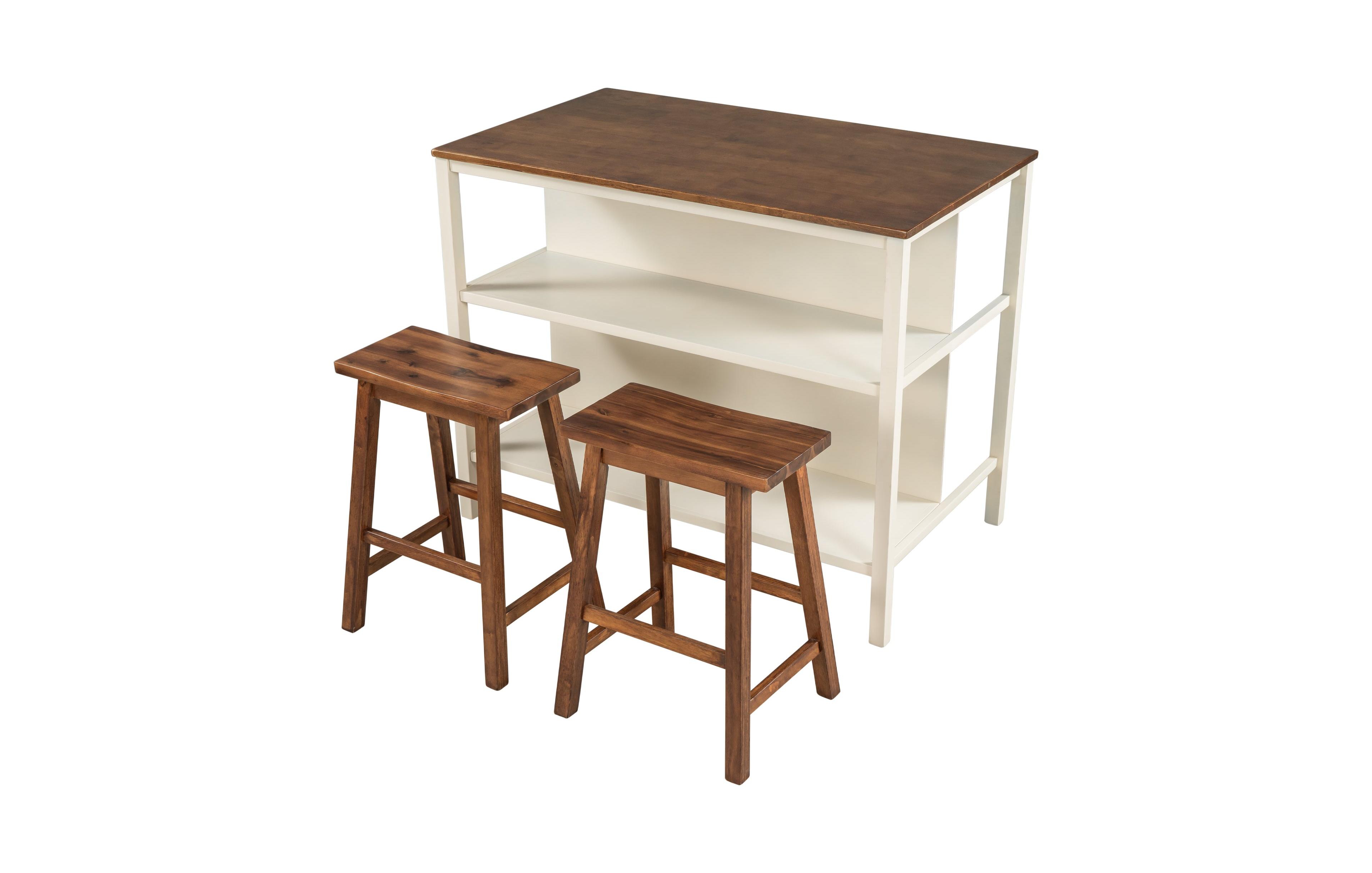 Boyel Living 3-Piece 45-Inch Stationary Kitchen Island Set with 2 Seatings, Butcher Block Dining Table Prep Set with 2 Open Shelves for Small Spaces