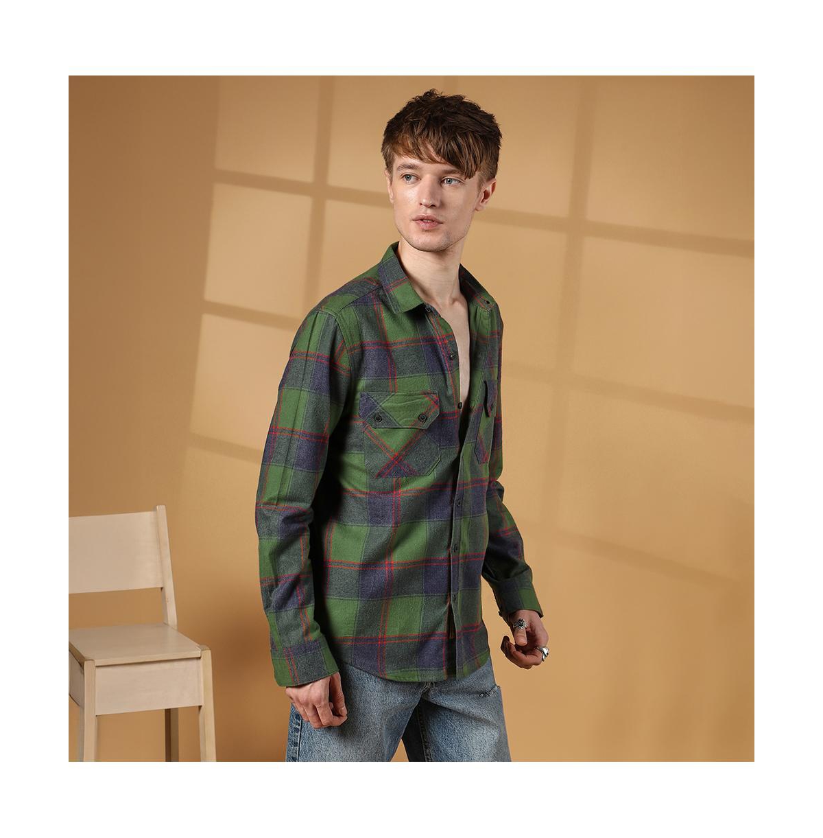 Campus Sutra Men's Forest Green & Indigo Blue Buffalo Check Utility Shirt