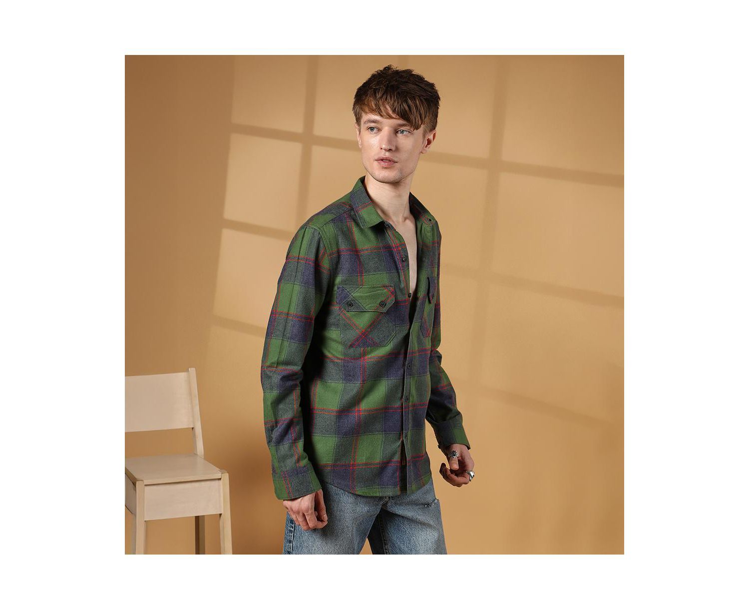 Men's Forest Green & Indigo Blue Buffalo Check Utility Shirt
