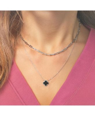 Small Onyx Single Clover Necklace 14K White Gold