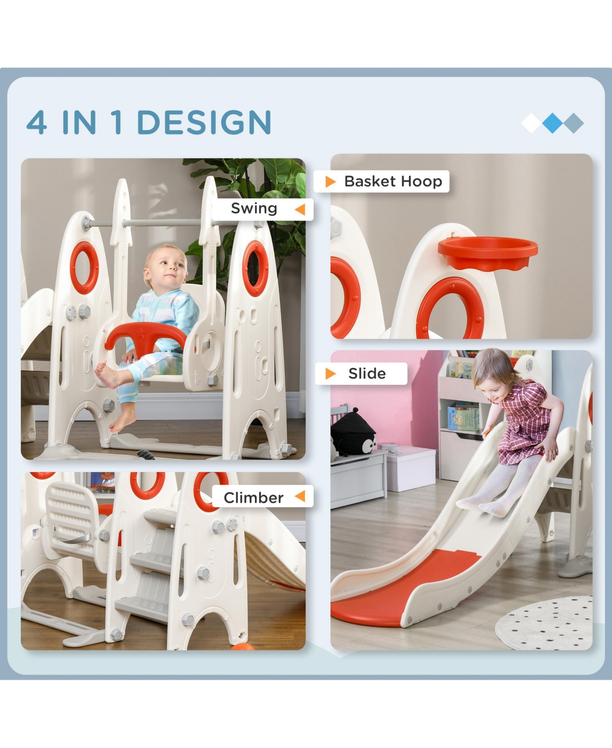 Qaba Toddler Swing and Slide Set with Basketball Hoop, Rocket Theme,