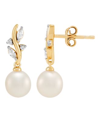 2-Pc. Cultured Freshwater Pearl (7-8mm) and White Cubic Zirconia Drop Earrings and Pendant Necklace Set in 14k Yellow Gold Over Sterling Silver