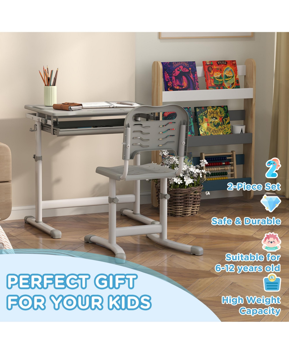 Qaba Height Adjustable Kids Desk and Chairs Set with Tilt Desktop,