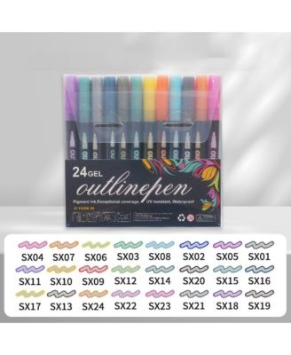 24 Colors Marker Pen for Highlight, Double Line Self-Outline Metallic Glitter Pens for Card, Scrapbook, Craft Arts Supplies