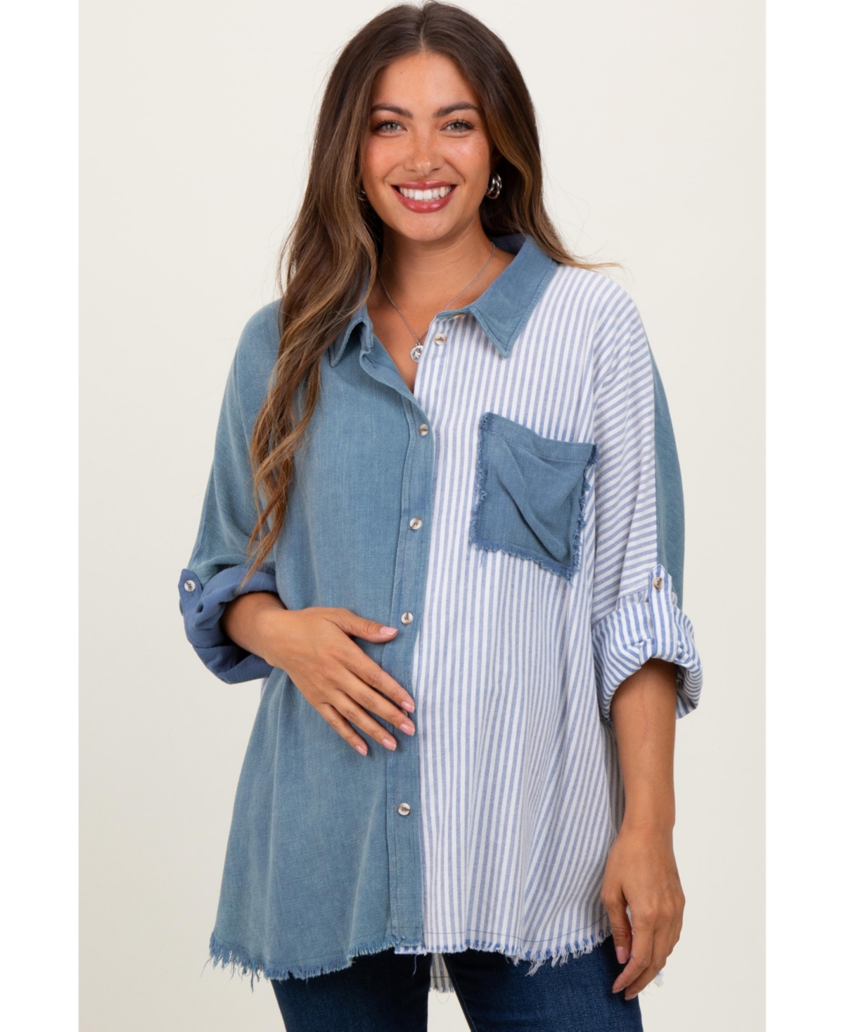 Pinkblush Maternity Light Olive Colorblock Stripe Oversized Button Down