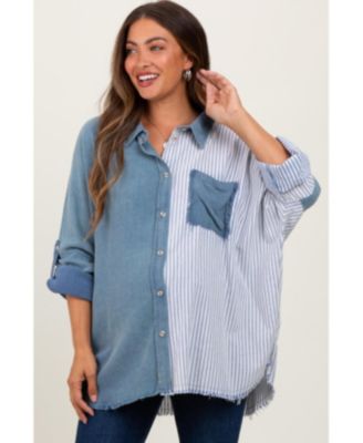 Maternity Blue Colorblock Stripe Oversized Button Down
