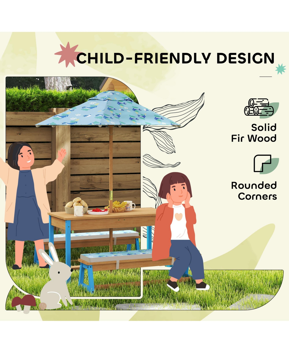 Qaba Kids Picnic Table, Wooden Table and Bench Set with Umbrella,