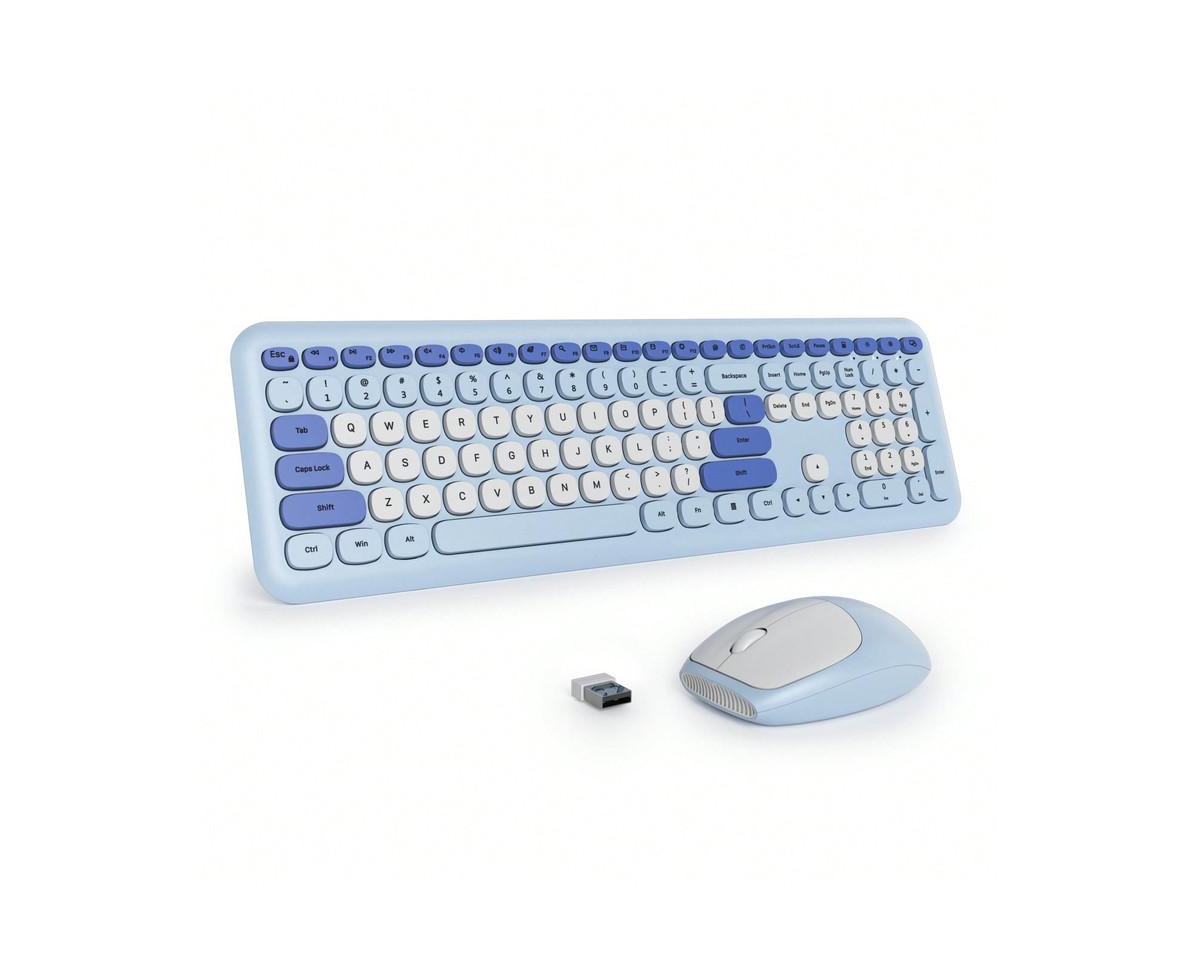 Risokeys Retro Typewriter Wireless Keyboard And Mouse Set - Full-Size Slim Design, Low-Noise - Blue