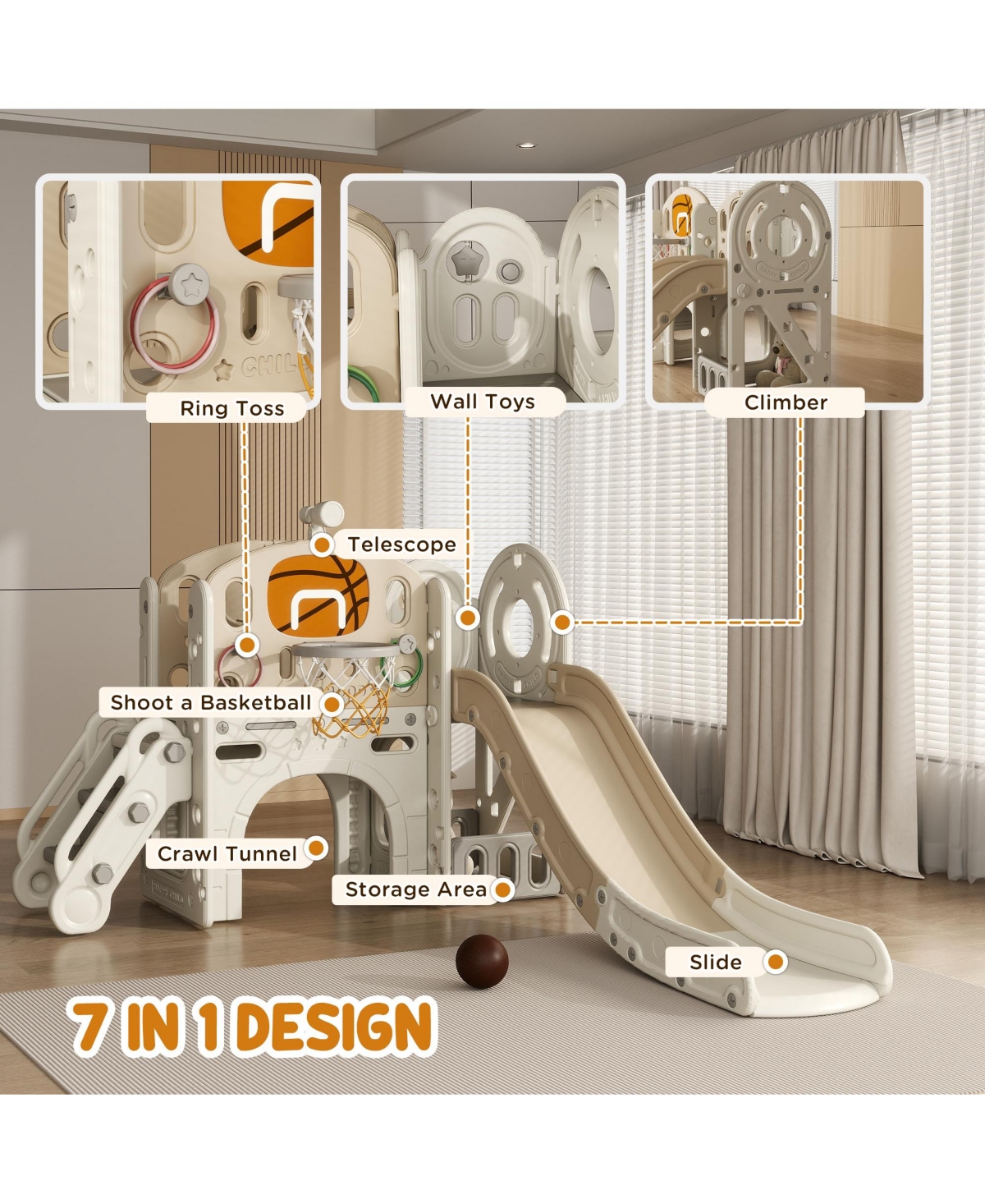 Qaba 7-in-1 Toddler Slide, Playset Indoor for Ages 1-6 Years w/ Ring Toss