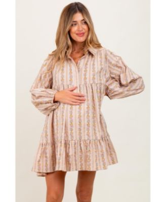 Maternity Tan Floral Print Shirring Half Buttoned Shirt Dress