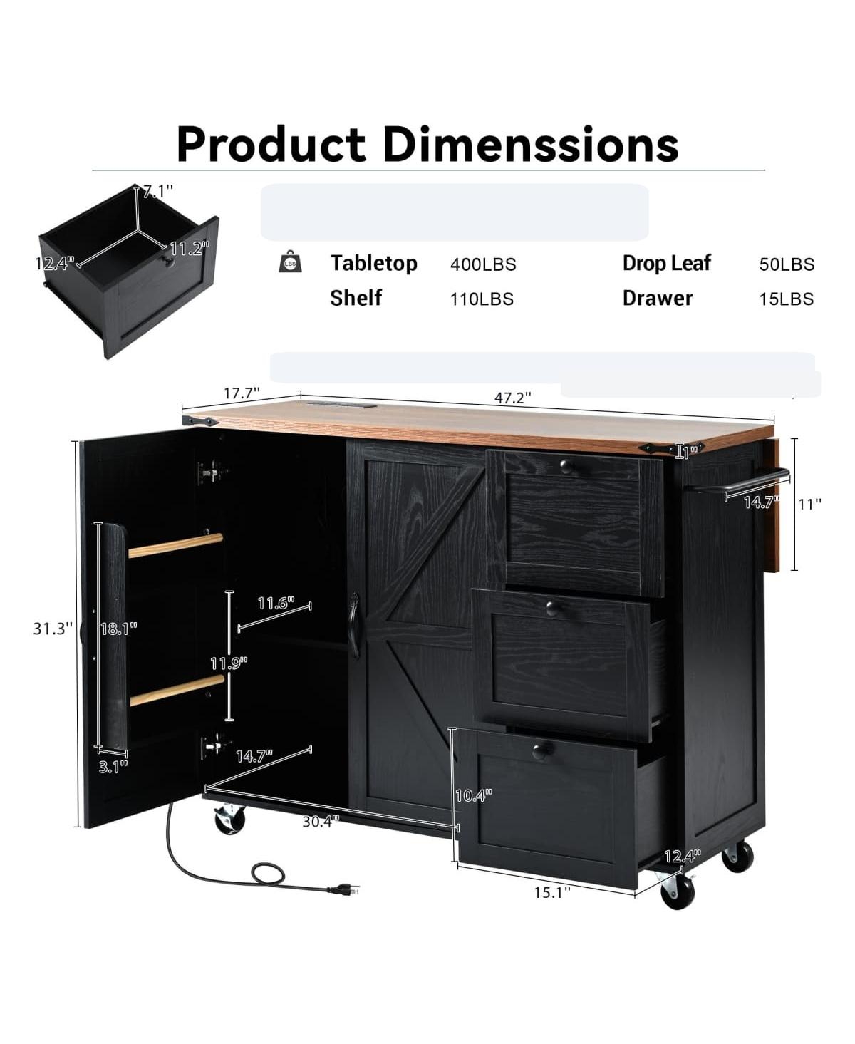 Kitchen Island with Power Outlet & Drop Leaf, 47.2" Farmhouse Rolling Cart Spice Rack Storage Drawers-Maison Boucle