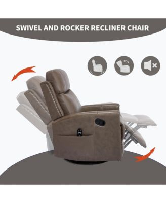 Genuine Leather Heat Massage Manual Recliner Chair with Rocker and Swivel for Living Room