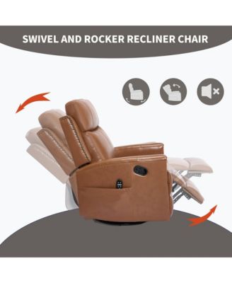 Genuine Leather Heat Massage Manual Recliner Chair with Rocker and Swivel for Living Room
