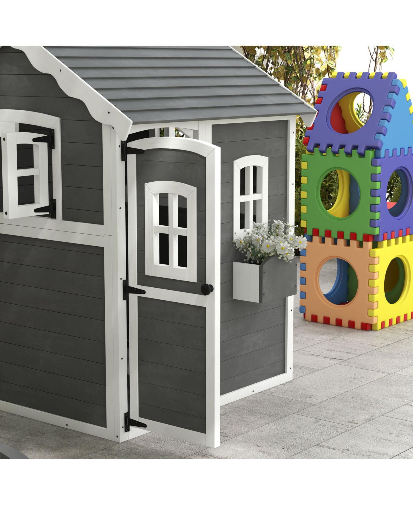 Детская игрушка Outsunny Wooden Cottage Playhouse with Floor, Ages 3-8, цвет: Серый — фото 8