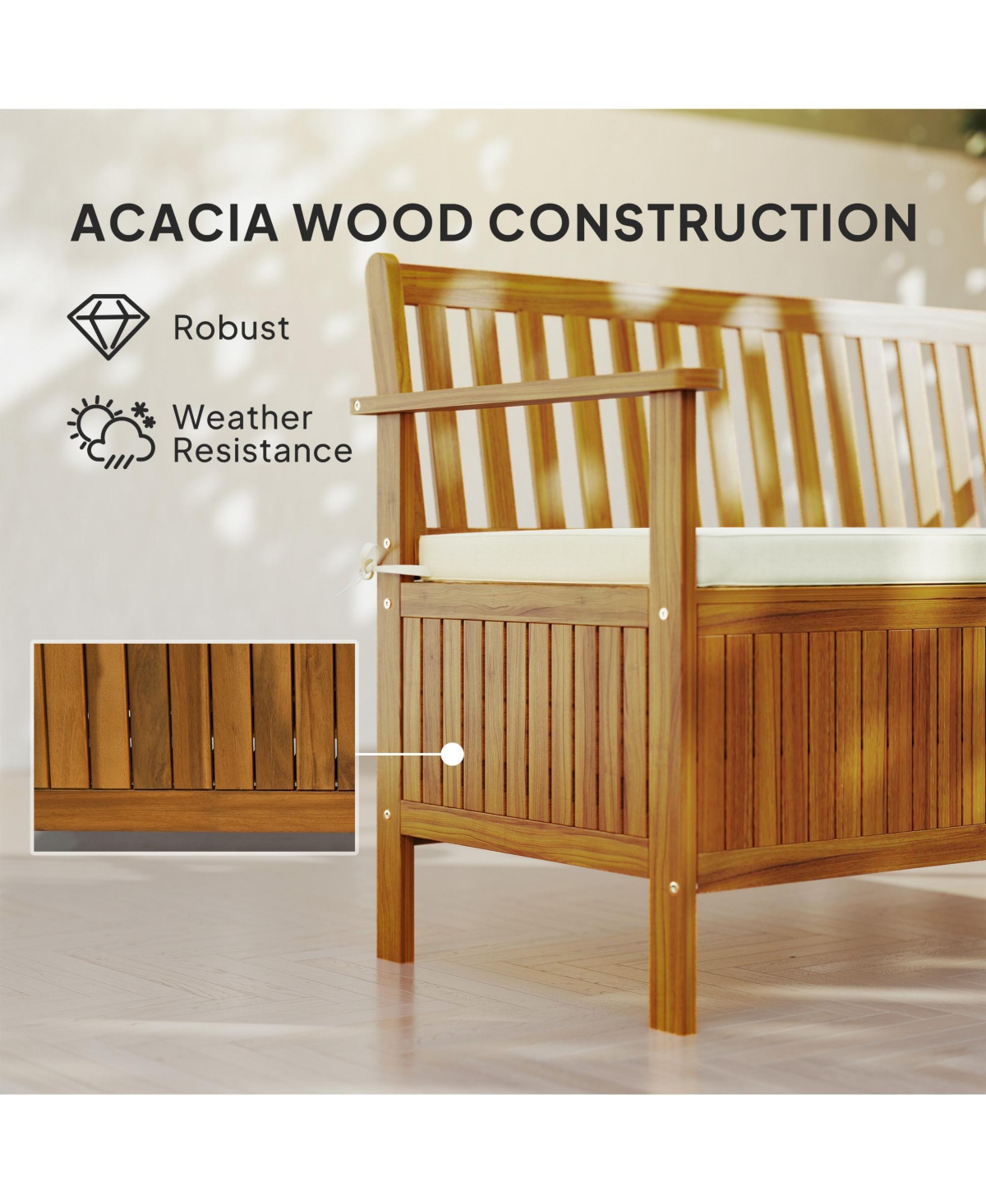 Outsunny Outdoor Bench with Storage, 2 Seater Acacia Wood Patio Bench,