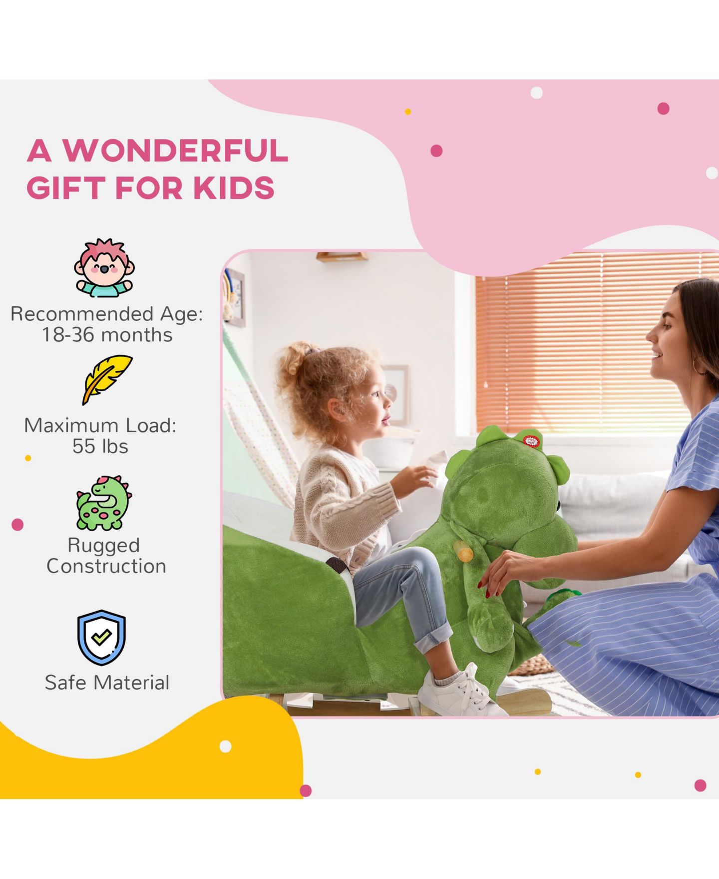 Детские игрушки Qaba Rocking Dinosaur, Wood Frame, with 32 Songs & Seat Belt, 55 lbs. Capacity, Ages 18-36 Months, цвет: Зелёный — фото 9
