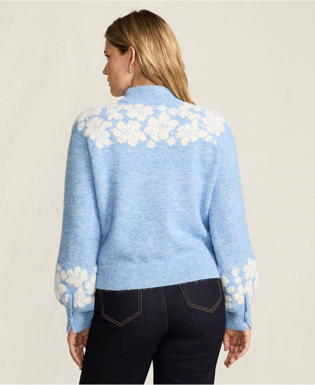 Lands' End Women's Fuzzy Turtleneck Lantern Sleeve Jacquard Sweater