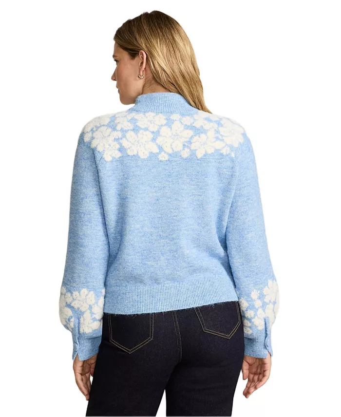Women's Fuzzy Turtleneck Lantern Sleeve Jacquard Sweater - thumbnail 2