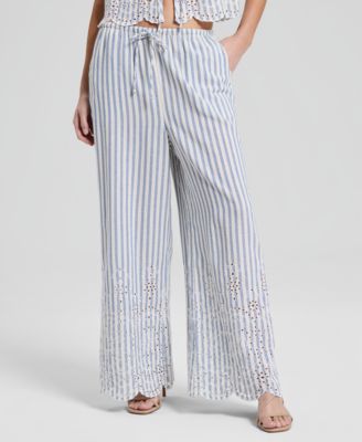Petite Striped Eyelet Pants