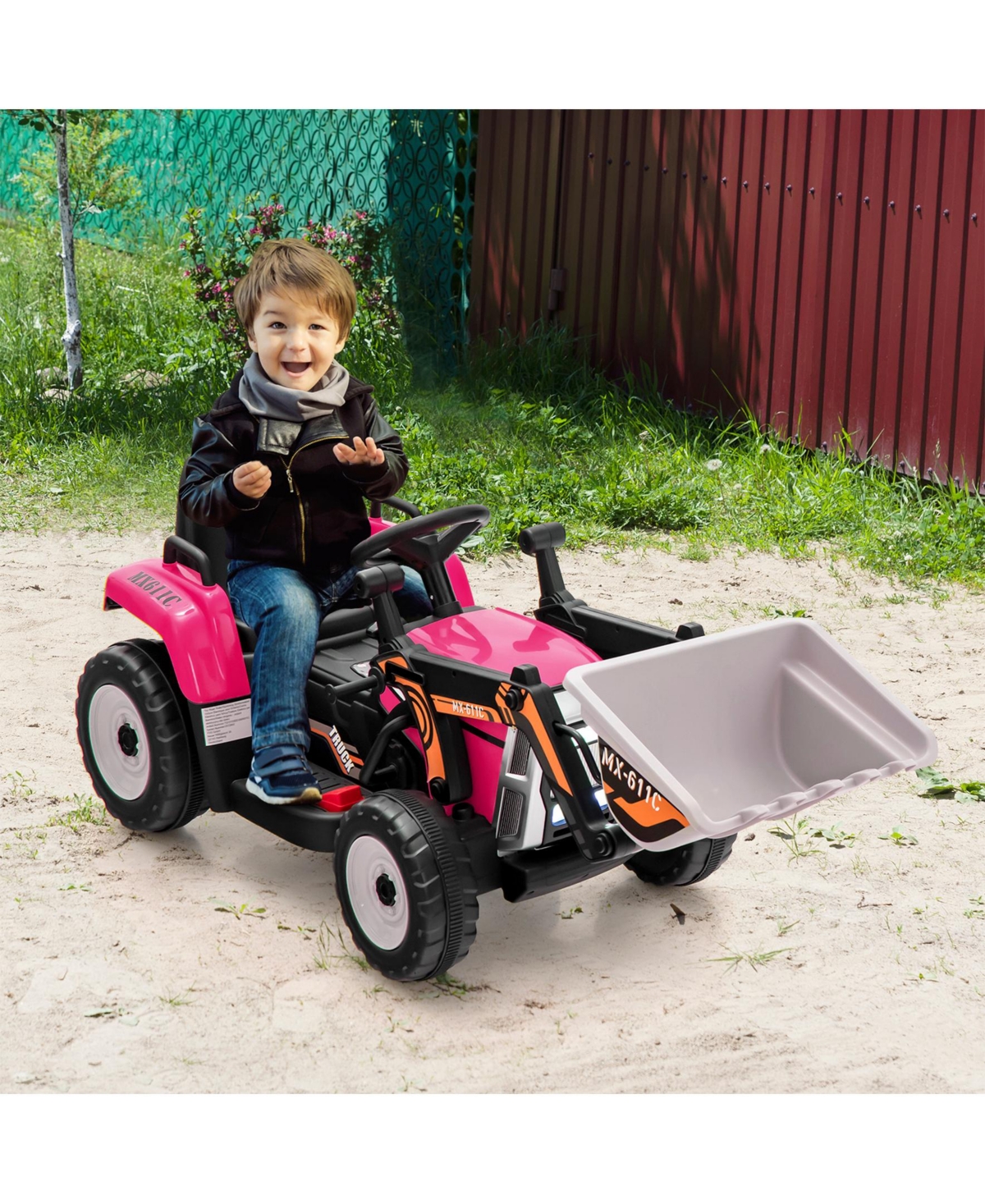 Sugift 12V Battery Powered Kids Ride on Excavator with Adjustable Arm and Bucket-Pink