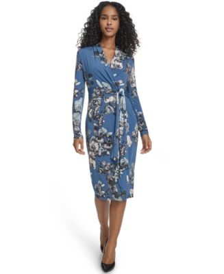Calvin Klein Ong Sleeve Floral Jersey Aline Women's Dress Vintage : 2