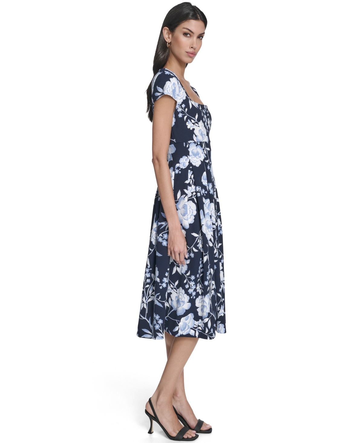 Calvin Klein Women's Floral Print Square Neck Dress In Blue
