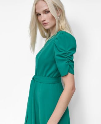 Women's Short Sleeve Scuba Crepe Belted Fit and Flare Midi Dress
