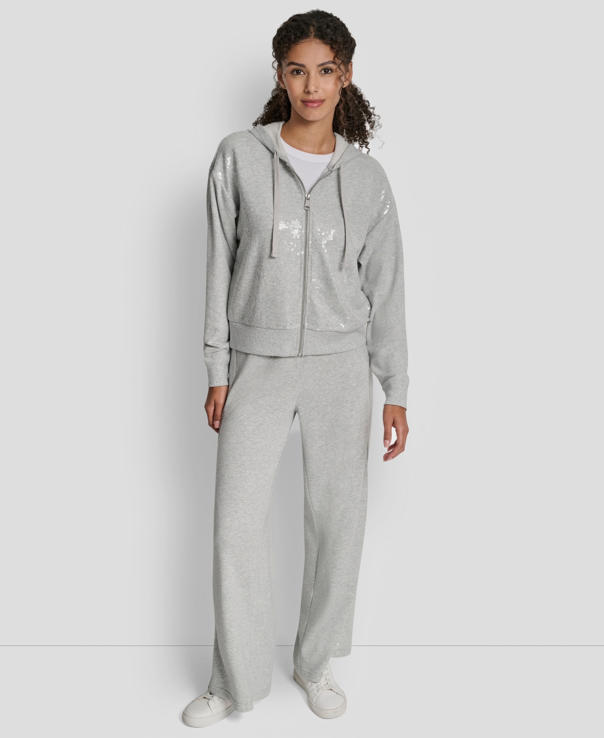 Dkny Jeans Petite Sequin Zip-front Hoodie In Gray