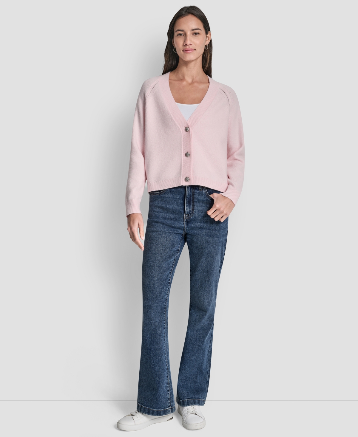 Dkny Jeans Petite Fully Fashioned Raglan V-neck Cardigan In Pink
