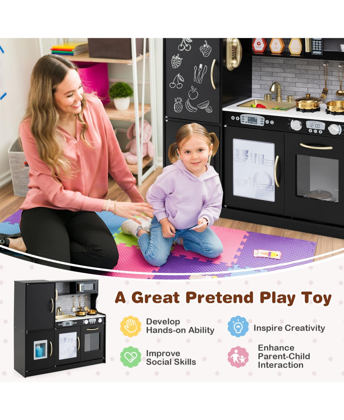 Skonyon Kids Wooden Pretend Play Kitchen with Blackboard & Accessories