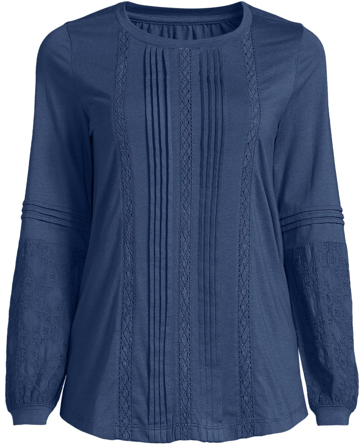 Lands' End Women's Lightweight Jersey Lace Mix Long Sleeve Pintuck Top