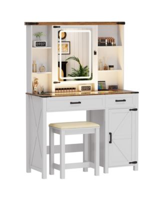 40" Farmhouse Makeup Vanity with LED Mirror & Charging Station